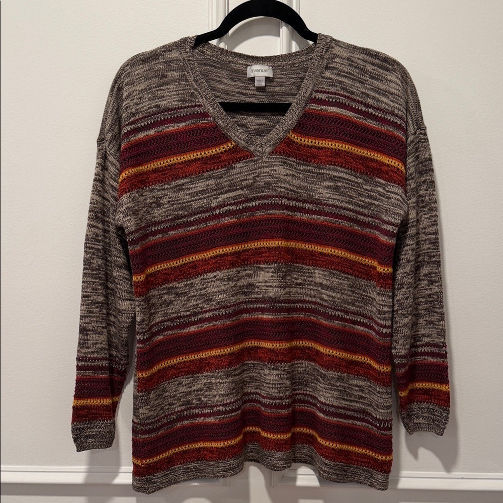 Avenue Brown Striped Sweater Size 14/16‎ V-Neck Long Sleeve Marled Knit